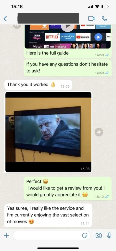 Zest IPTV WhatsApp chat screenshot verified customer feedback 1