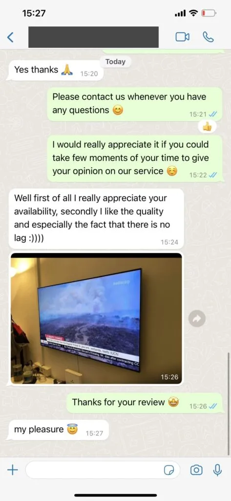 Zest IPTV WhatsApp chat screenshot verified customer feedback 2