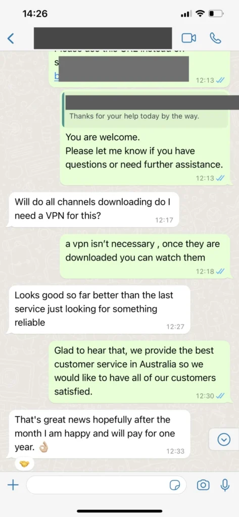 Zest IPTV WhatsApp chat screenshot verified customer feedback 3